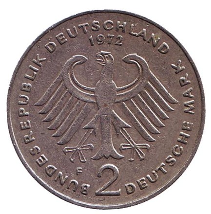 Монета 2 марки. 1972 год (F), ФРГ. Конрад Аденауэр. Монета 2 марки. 1972 год (F), ФРГ. Конрад Аденауэр.