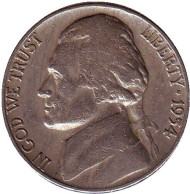 Монета 5 центов. 1954 год (D), США. Джефферсон. Монтичелло. Монета 5 центов. 1954 год (D), США. Джефферсон. Монтичелло.