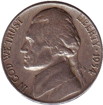 Монета 5 центов. 1954 год (D), США. Джефферсон. Монтичелло.