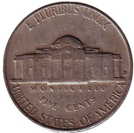 Монета 5 центов. 1954 год (D), США. Джефферсон. Монтичелло. Монета 5 центов. 1954 год (D), США. Джефферсон. Монтичелло.