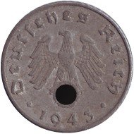 Монета 5 рейхспфеннигов. 1943 год, Германия (Третий Рейх). (A). Монета 5 рейхспфеннигов. 1943 год, Германия (Третий Рейх). (A).