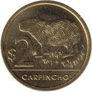 Монета 2 песо. 2024 год, Уругвай. Водосвинка (капибара). Монета 2 песо. 2024 год, Уругвай. Водосвинка (капибара).