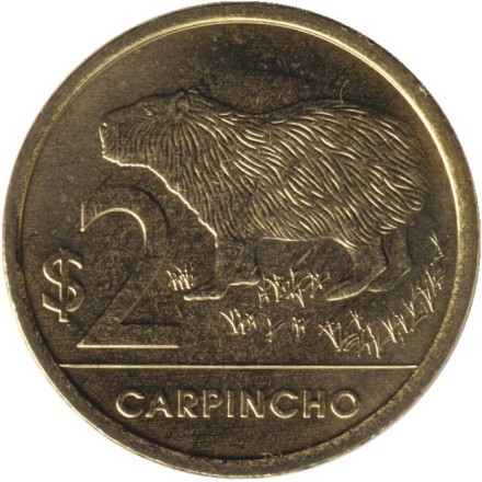 Монета 2 песо. 2024 год, Уругвай. Водосвинка (капибара).