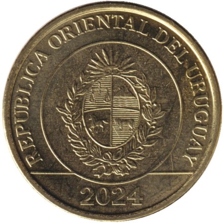 Монета 2 песо. 2024 год, Уругвай. Водосвинка (капибара).