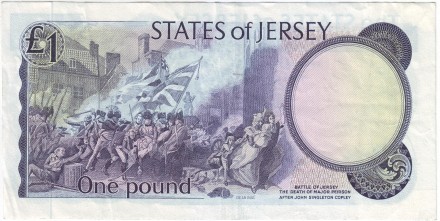 Банкнота 1 фунт. 1976-88 год, Джерси. Вторжение на Джерси. Смерть майора Пирсона. Банкнота 1 фунт. 1976-88 год, Джерси. Вторжение на Джерси. Смерть майора Пирсона.