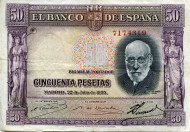 Банкнота 50 песет. 1935 год, Испания. Банкнота 50 песет. 1935 год, Испания.