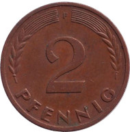 Монета 2 пфеннига. 1970 год (F), ФРГ. Дубовые листья. Монета 2 пфеннига. 1970 год (F), ФРГ. Дубовые листья.