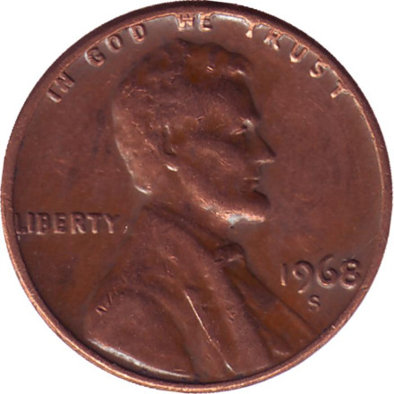 Монета 1 цент. 1968 год (S), США. Линкольн.