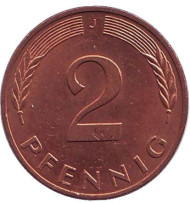 Монета 2 пфеннига. 1990 год (J), ФРГ. Дубовые листья. Монета 2 пфеннига. 1990 год (J), ФРГ. Дубовые листья.