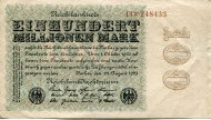 Рейхсбанкнота 100 миллионов марок. 1923 год, Веймарская республика. Рейхсбанкнота 100 миллионов марок. 1923 год, Веймарская республика.