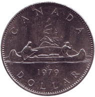 Монета 1 доллар. 1979 год, Канада. Индейцы в каноэ.