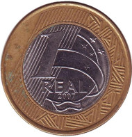 Монета 1 реал. 2007 год, Бразилия. Монета 1 реал. 2007 год, Бразилия.