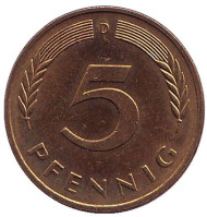 Монета 5 пфеннигов. 1989 год (D), ФРГ. Дубовые листья. Монета 5 пфеннигов. 1989 год (D), ФРГ. Дубовые листья.