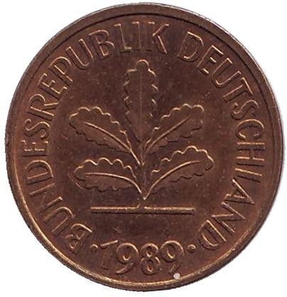 Монета 5 пфеннигов. 1989 год (D), ФРГ. Дубовые листья.