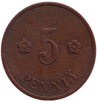 Монета 5 пенни. 1937 год, Финляндия. Монета 5 пенни. 1937 год, Финляндия.