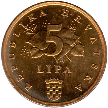Монета 5 лип. 1994 год, Хорватия. Дуб черешчатый.