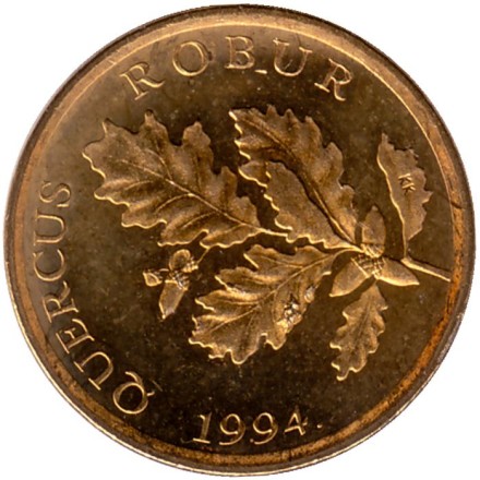 Монета 5 лип. 1994 год, Хорватия. Дуб черешчатый.