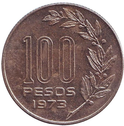 Монета 100 песо. 1973 год, Уругвай.