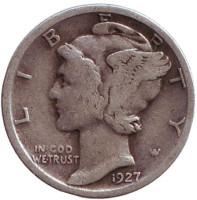 Меркурий. Монета 10 центов. 1927 год, США. Без обозначения монетного двора.