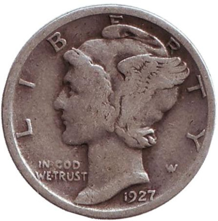 Монета 10 центов. 1927 год, США. Без обозначения монетного двора. Меркурий.