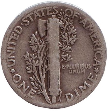 Монета 10 центов. 1927 год, США. Без обозначения монетного двора. Меркурий.