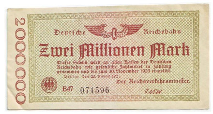 Банкнота 2 миллиона марок. 1923 год, Веймарская республика. Тип 3.