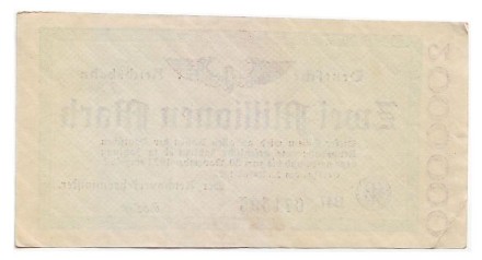 Банкнота 2 миллиона марок. 1923 год, Веймарская республика. Тип 3. Банкнота 2 миллиона марок. 1923 год, Веймарская республика. Тип 3.