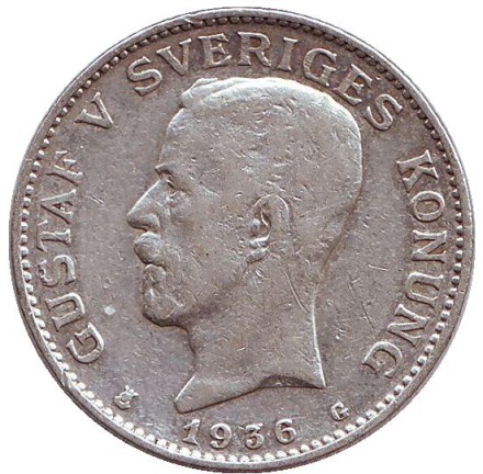 Монета 1 крона. 1936 год, Швеция. Густав V.