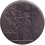 Монета 100 лир. 1962 год, Италия. Богиня мудрости Минерва рядом с оливковым деревом. Монета 100 лир. 1962 год, Италия. Богиня мудрости Минерва рядом с оливковым деревом.