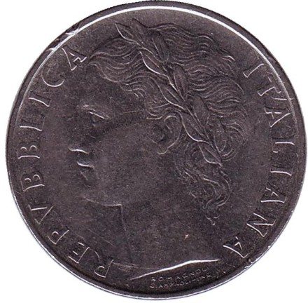 Монета 100 лир. 1962 год, Италия. Богиня мудрости Минерва рядом с оливковым деревом. Монета 100 лир. 1962 год, Италия. Богиня мудрости Минерва рядом с оливковым деревом.