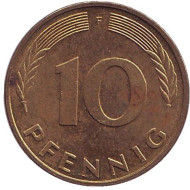 Монета 10 пфеннигов. 1996 год (F), ФРГ. Дубовые листья. Монета 10 пфеннигов. 1996 год (F), ФРГ. Дубовые листья.