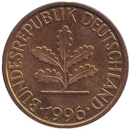 Монета 10 пфеннигов. 1996 год (F), ФРГ. Дубовые листья.
