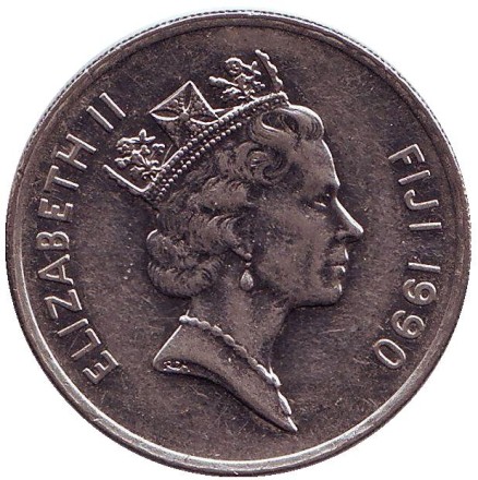 Монета 20 центов. 1990 год, Фиджи. Культовый атрибут Tabua (зуб кита) на плетеном шнурке.