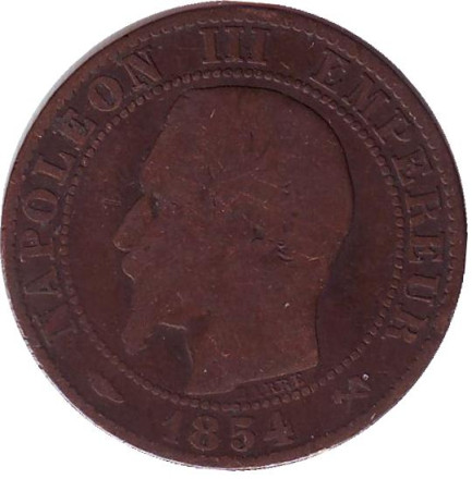 Монета 5 сантимов. 1854 год (B), Франция. Наполеон III.