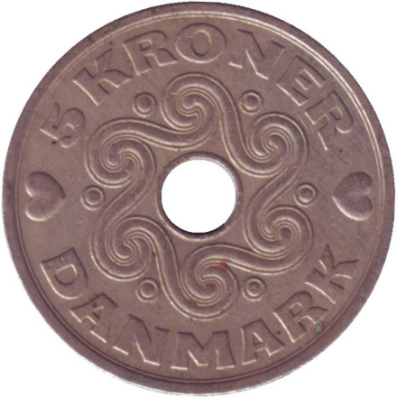 Монета 5 крон. 1994 год, Дания.