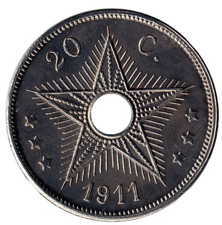 Монета 20 сантимов. 1911 год, Бельгийское Конго.
