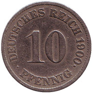 Монета 10 пфеннигов. 1900 год (J), Германская империя. Монета 10 пфеннигов. 1900 год (J), Германская империя.