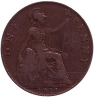 Монета 1 пенни. 1911 год, Великобритания. Монета 1 пенни. 1911 год, Великобритания.