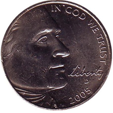 Монета 5 центов. 2005 год (D), США. UNC. Бизон.