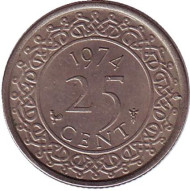Монета 25 центов. 1974 год, Суринам.