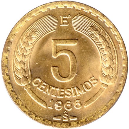 Монета 5 чентезимо. 1966 год, Чили. aUNC. Кондор. Монета 5 чентезимо. 1966 год, Чили. aUNC. Кондор.