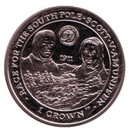 Монета 1 крона. 2007 год, Фолклендские острова. Экспедиция на Южный Полярный Полюс. Скотт и Амундсен. Монета 1 крона. 2007 год, Фолклендские острова. Экспедиция на Южный Полярный Полюс. Скотт и Амундсен.