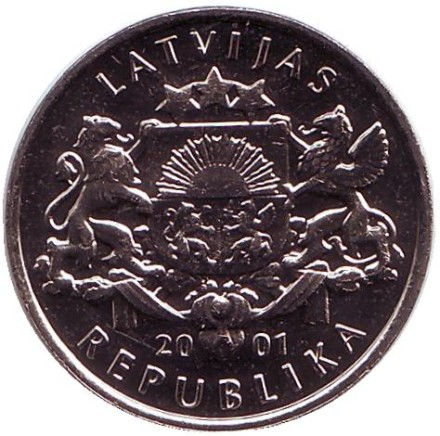 Монета 1 лат, 2001 год, Латвия. UNC. Аист. Монета 1 лат, 2001 год, Латвия. UNC. Аист.