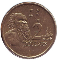 Монета 2 доллара. 2001 год, Австралия. Старейшина аборигенов. Монета 2 доллара. 2001 год, Австралия. Старейшина аборигенов.