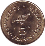 Монета 5 франков. 1970 год, Новые Гебриды. Птица Фрегат. Монета 5 франков. 1970 год, Новые Гебриды. Птица Фрегат.
