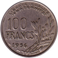Монета 100 франков. 1956 год (В), Франция.