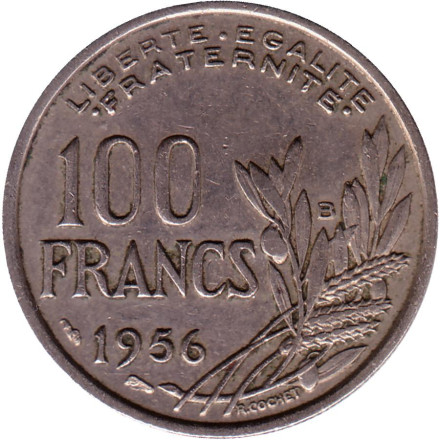 Монета 100 франков. 1956 год (В), Франция.