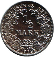 Монета 1/2 марки. 1919 год (A), Веймарская республика. Монета 1/2 марки. 1919 год (A), Веймарская республика.