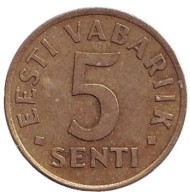 Монета 5 сентов. 1992 год, Эстония. Монета 5 сентов. 1992 год, Эстония.