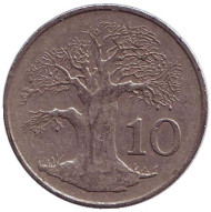 Монета 10 центов. 1980 год, Зимбабве. Баобаб. Монета 10 центов. 1980 год, Зимбабве. Баобаб.